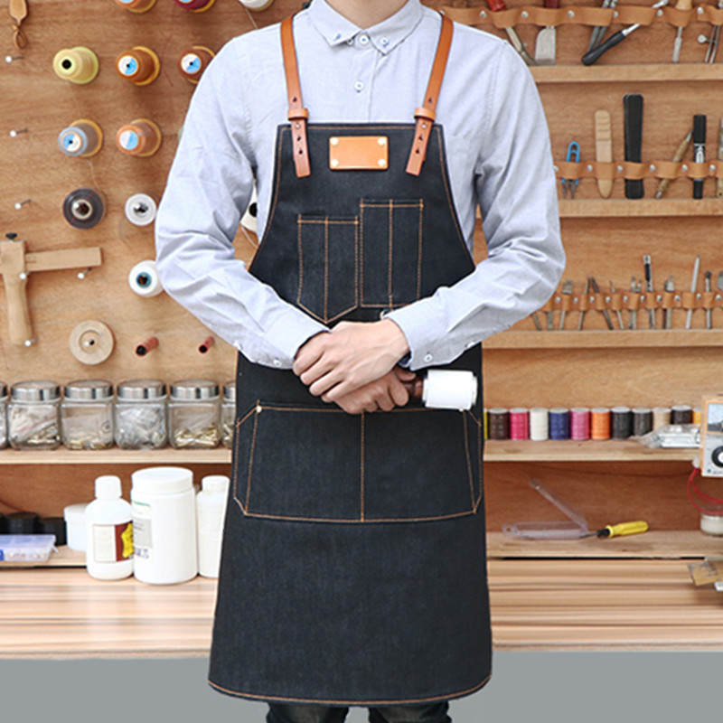 Denim Bib Apron Leather Adjustable Strap Barista Bartender Chef Barber Uniform 
