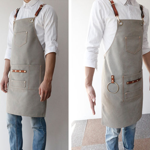 Blue Gray Brown Canvas Apron Leather Strap