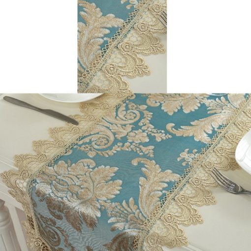 Elegant Blue Lace Embroidery Table Runner
