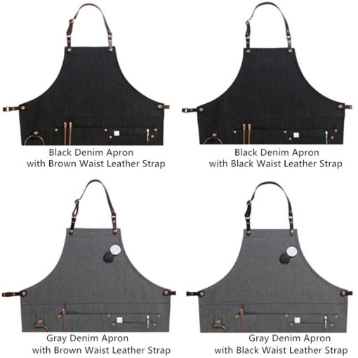 Black Gray Denim Apron Leather Straps
