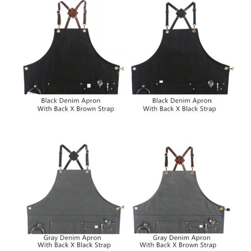 Black Gray Denim Apron Leather Straps