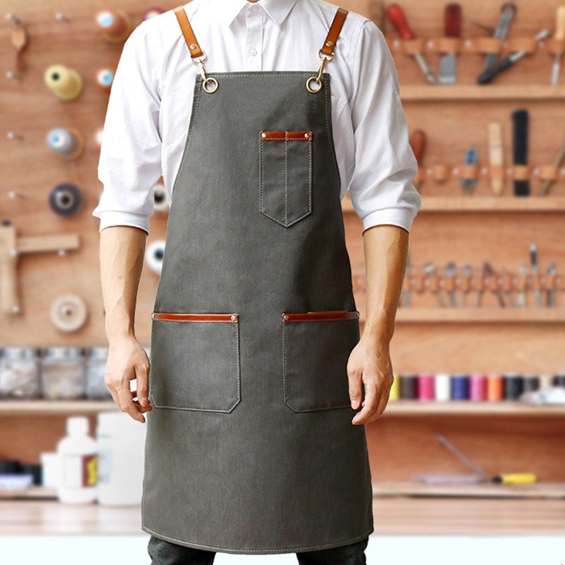 Adult Denim Leather Strap Bib Apron Waiter Baker Bartender Chef Work Uniform 