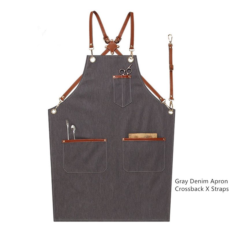 Gray Canvas Denim Apron Crossback Leather Straps - Little Tailor Studio