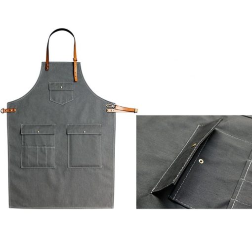 Gray Denim Apron Cowhide Leather Straps - Little Tailor Studio