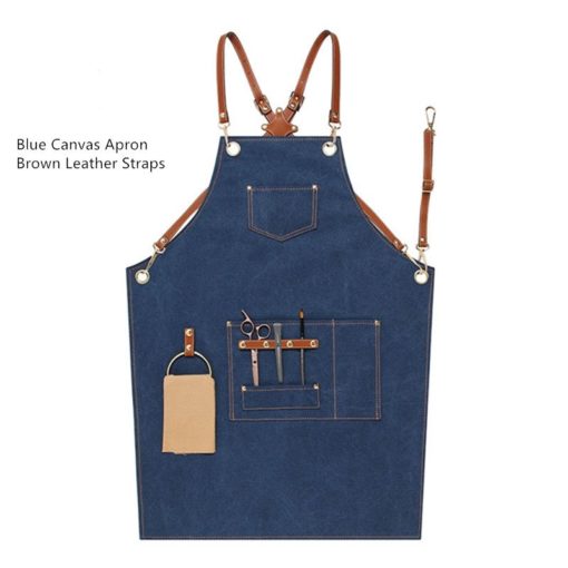 Blue Brown Canvas Apron Crossback Leather Straps
