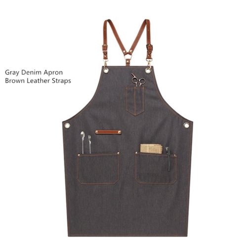 Black Blue Denim Apron Crossback Leather Straps - Little Tailor Studio