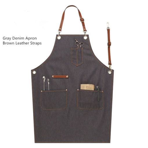 Blue Gray Black Denim Bib Apron Leather Straps