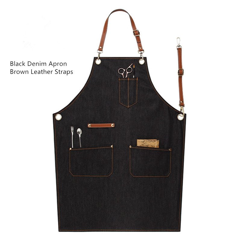 Blue Gray Black Denim Bib Apron Leather Straps - Little Tailor Studio