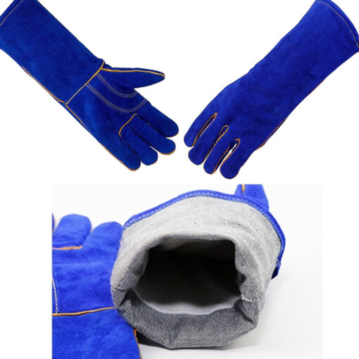 Blue Cow Split Leather Gloves BBQ Grill Oven Mitten
