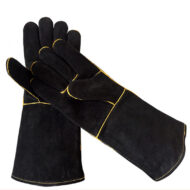 Black Cowhide Leather Gloves BBQ Grill Baking Mitten