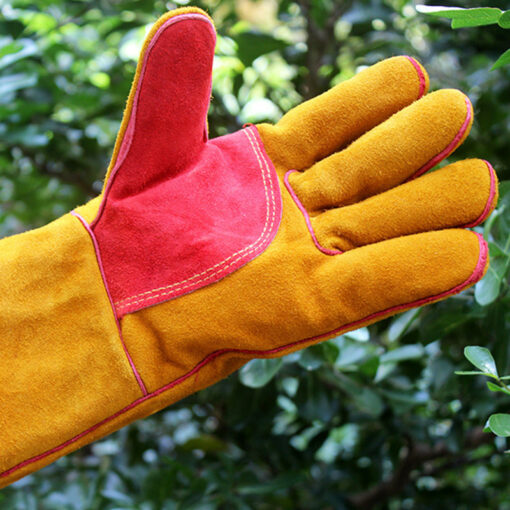 Yellow Cowhide Leather Gloves BBQ Grill Oven Mitten
