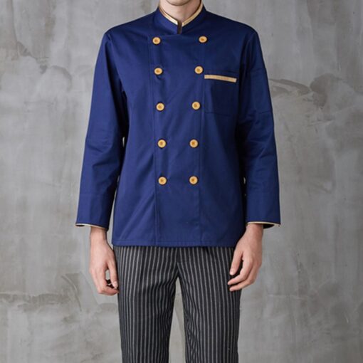Blue Long Sleeve Polyester Cotton Chef Jacket